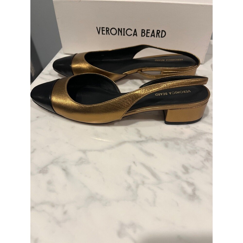 Veronica Beard Metallic Gold and Black Leather Slingback Block Heels Size 8 - Picture 3 of 5
